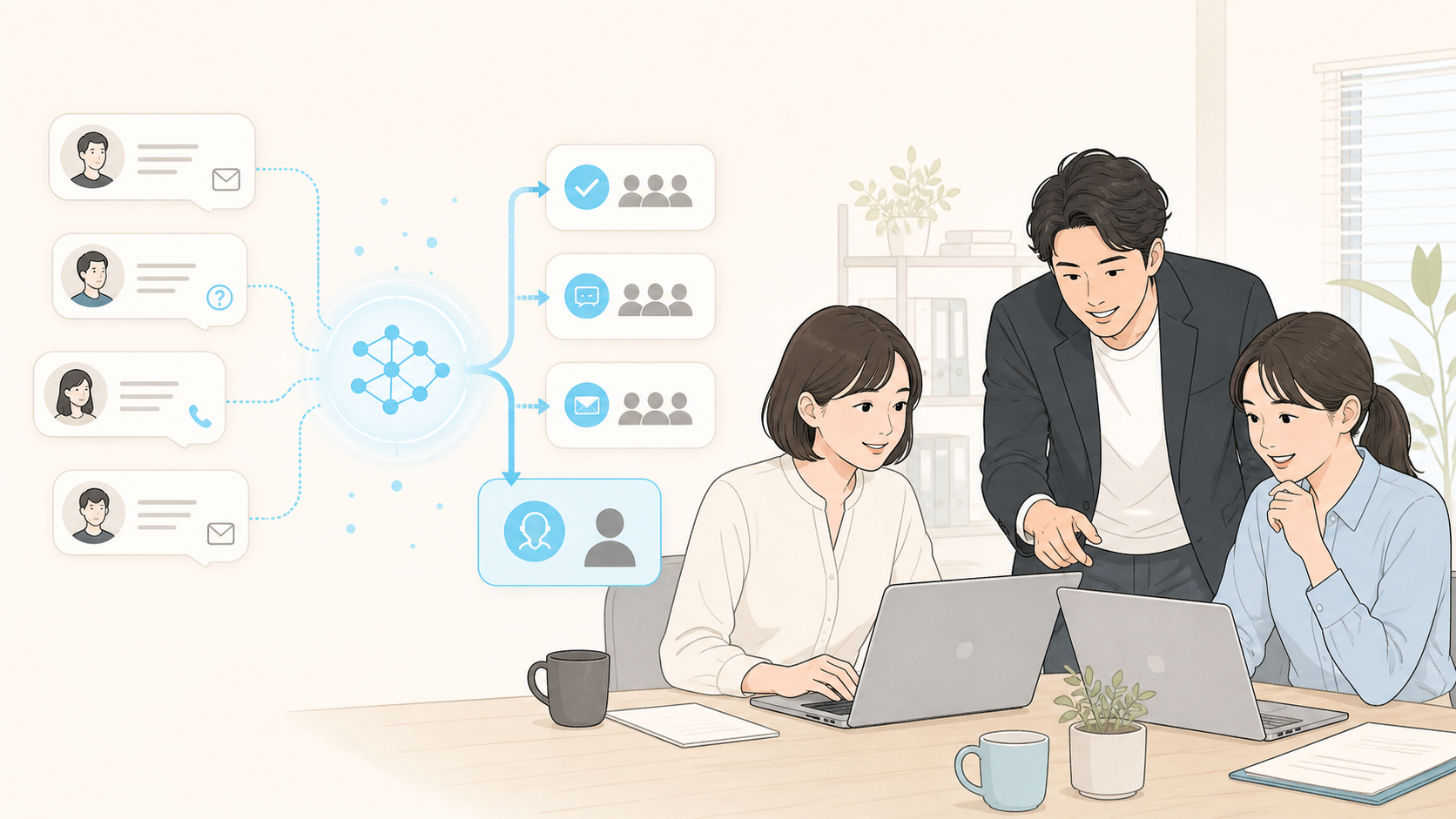中小企業の問い合わせ対応チームがAIを使って質問を整理し有人対応へ振り分けるイメージ