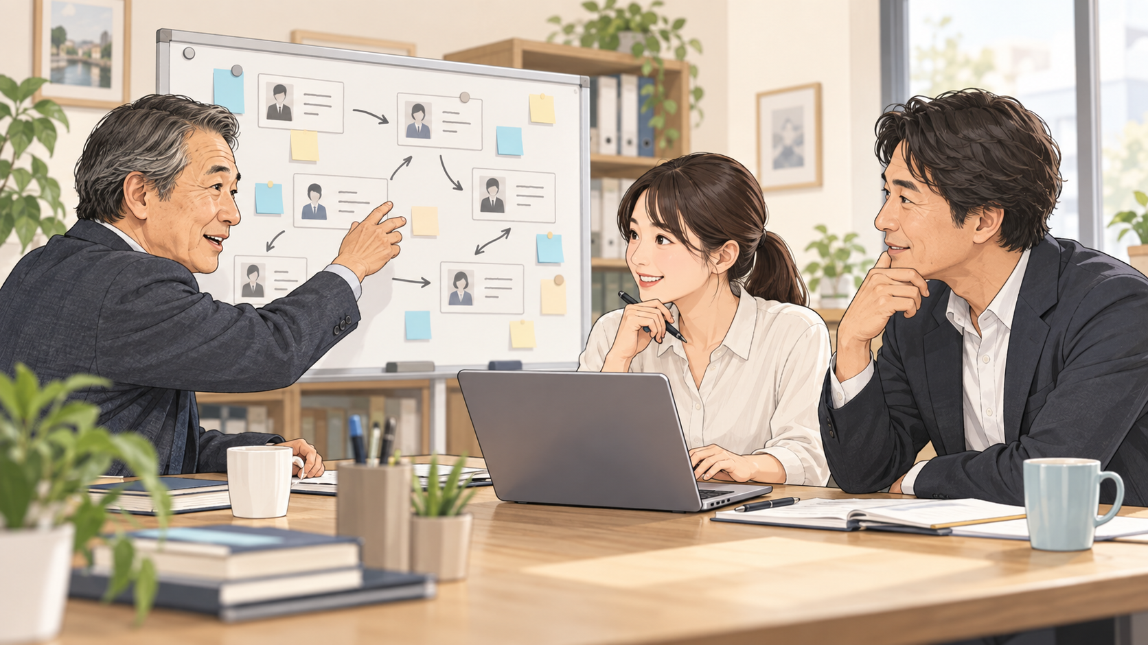 経営者と営業担当者が顧客情報や提案の判断材料を共有するイメージ