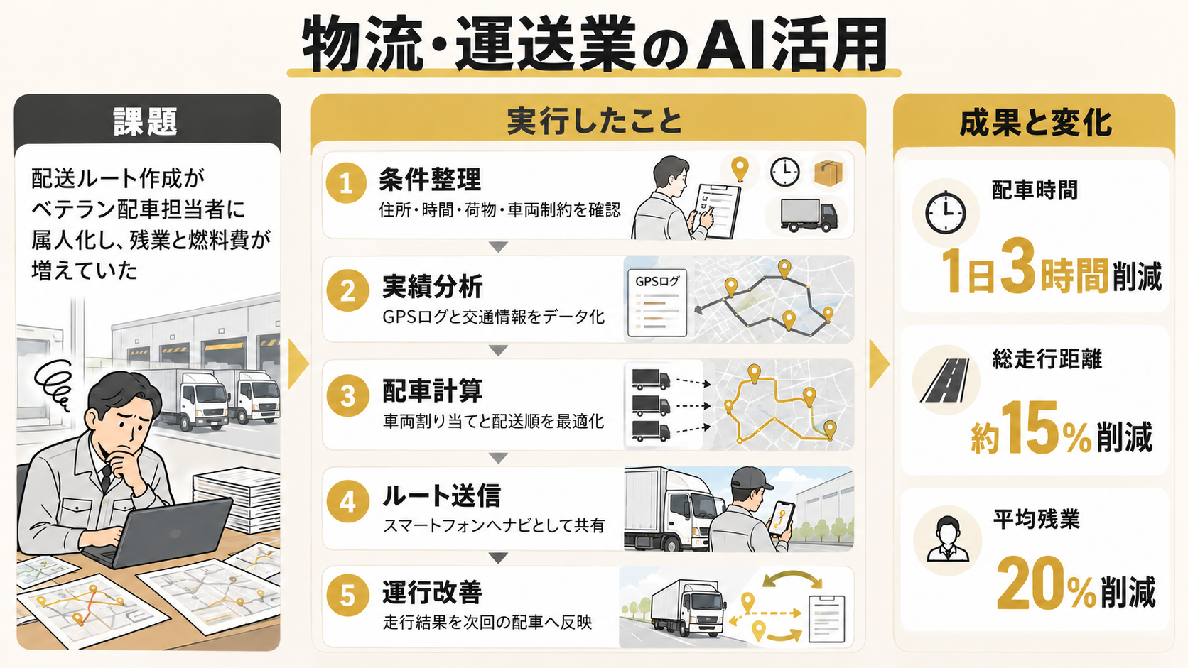 物流・運送業の課題・支援工程・成果を示した図解。イラストは説明用です。